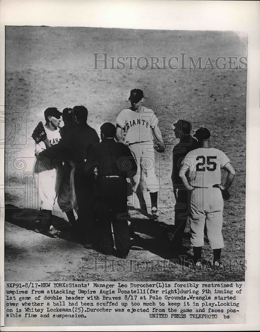 1952 Press Photo NY Giants mgr. Leo Durocher fighting with Ump. Augie Donatelli - Historic Images