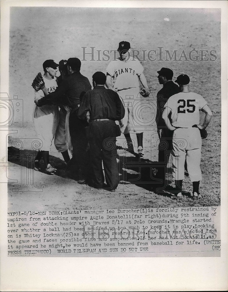 1952 Press Photo Giants mgr. Leo Durocher tries to attack Ump. Augie Donatelli - Historic Images