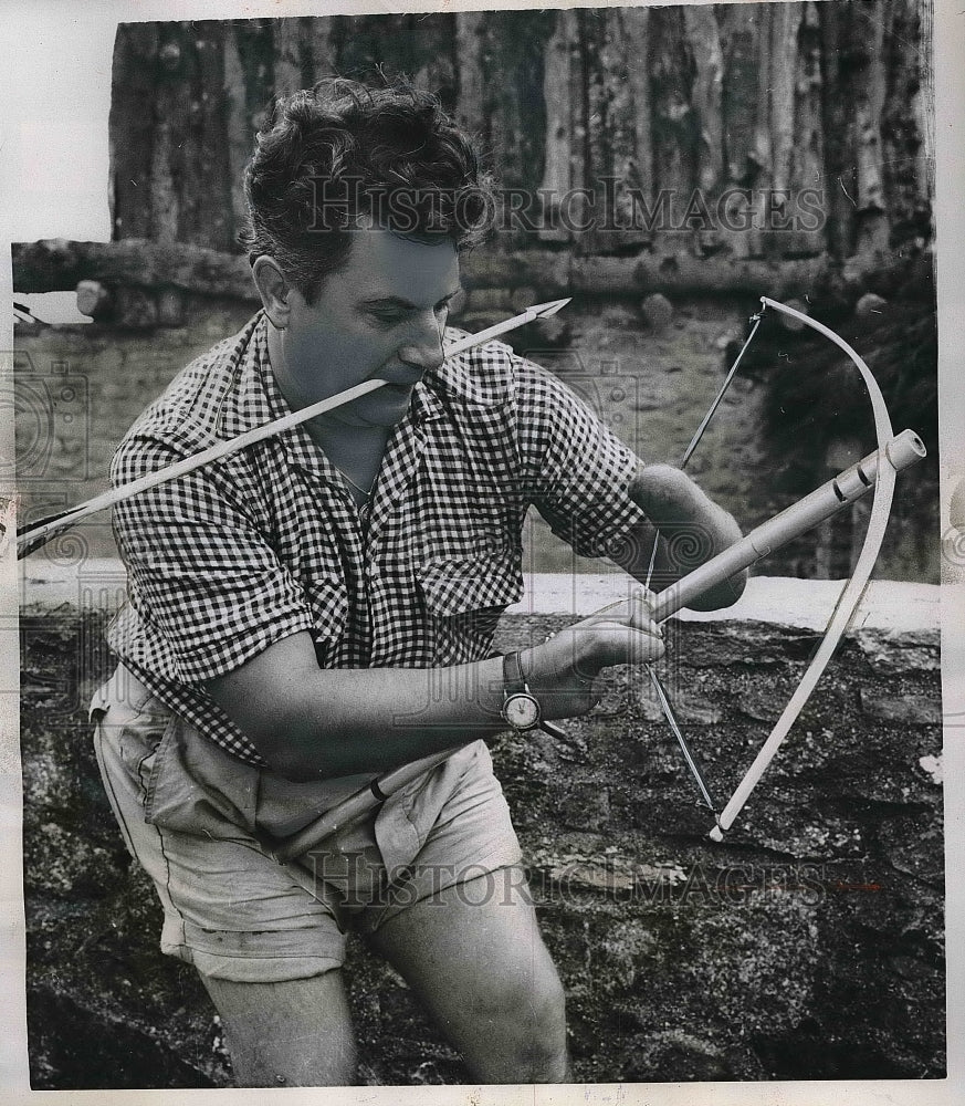 1957 Press Photo French Archer Jacques Cadet Prepares to Fire Arrow - nea54249 - Historic Images