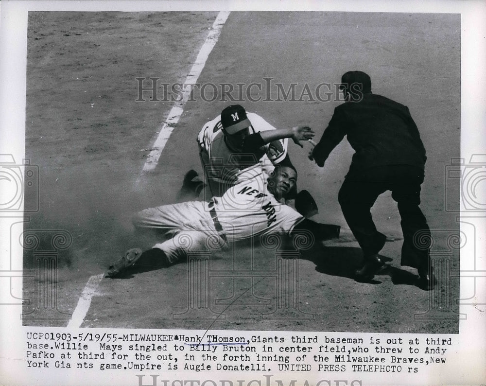 1955 Hank Thomson Giants Out At 3rd By Andy Pafko Brewers MLB Game - Historic Images