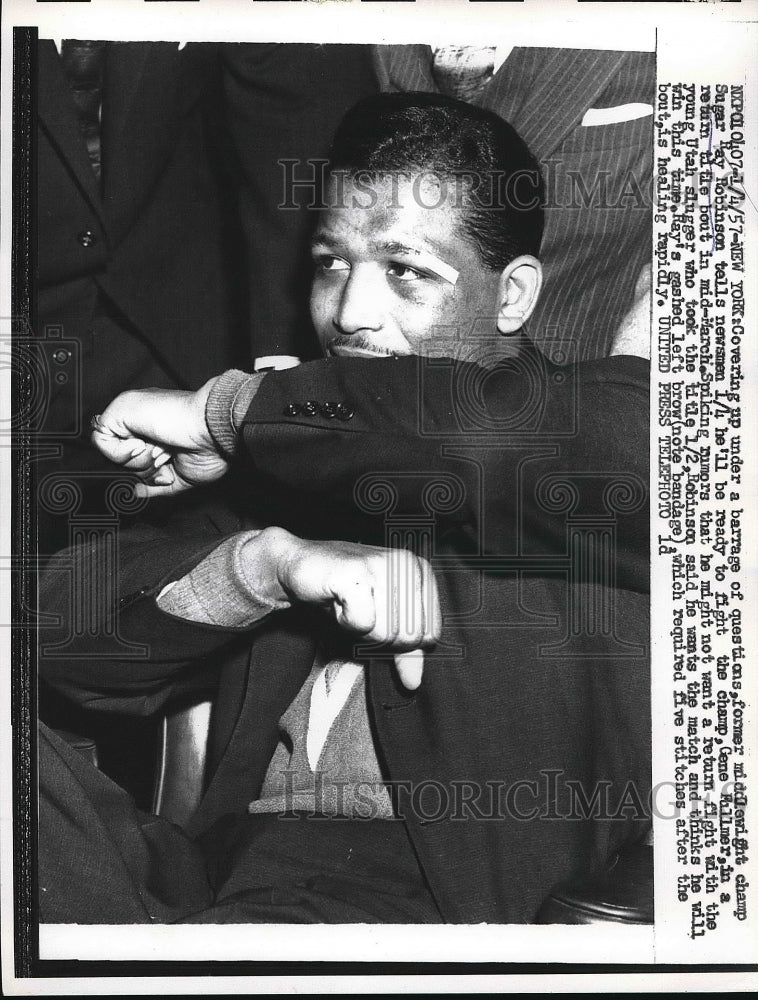 1957 Press Photo Press Conference Sugar Ray Robinson Middleweight Boxing Champ - Historic Images