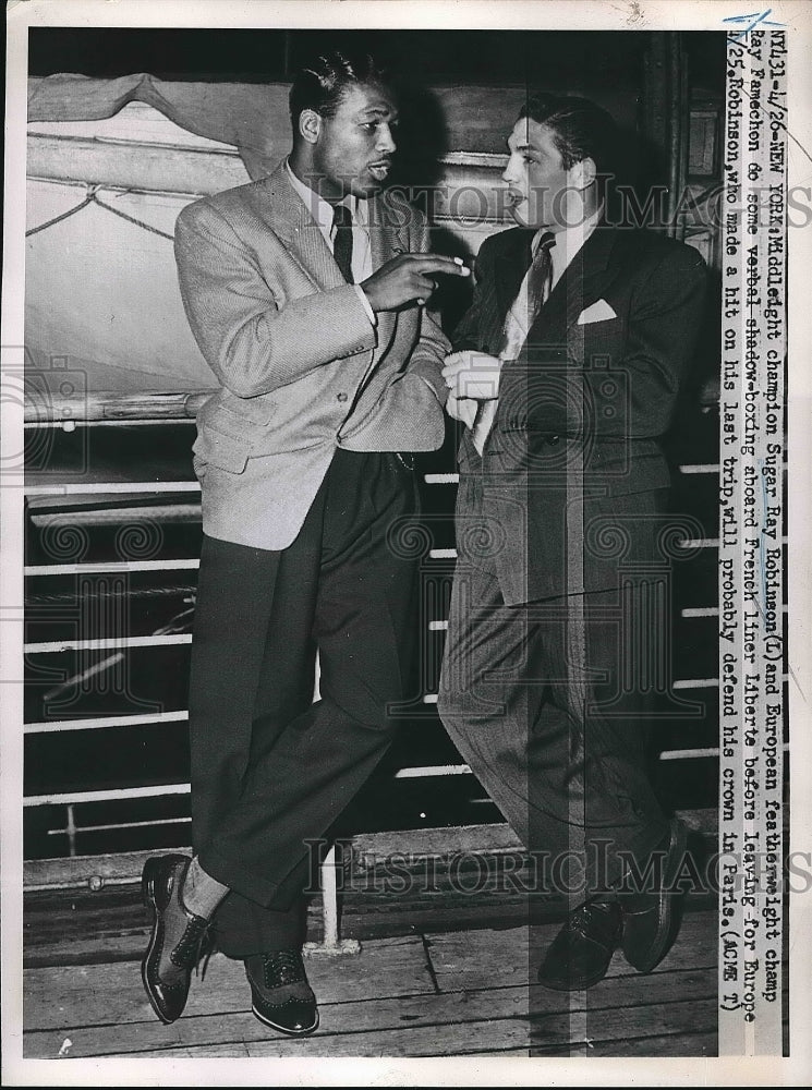 1951 Press Photo Sugar Ray Robinson Middleweight Ray Famechon Featherweight - Historic Images
