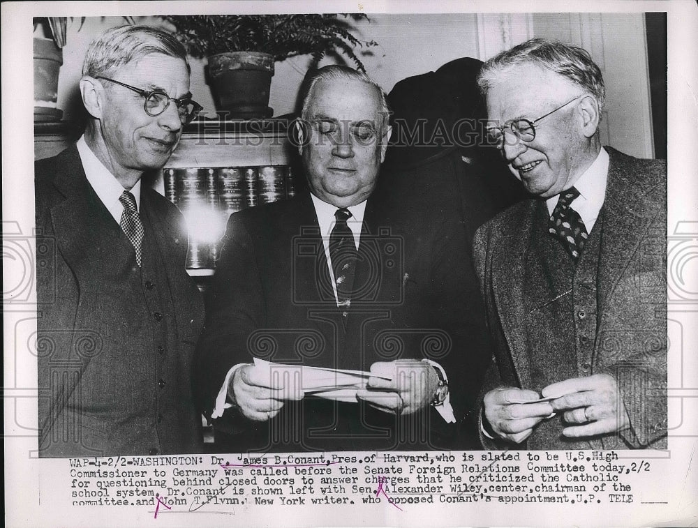 1953 Press Photo Dr. James Conant, Pres. of Harvard, Sen. A. Wiley, John Flynn - Historic Images