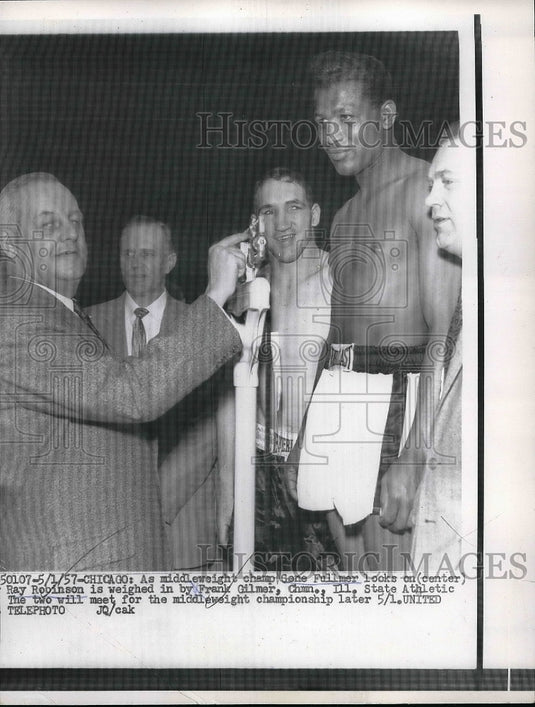 1957 Press Photo Middleweight Champion Gene Fullmer & Sugar Ray Robinson - Historic Images