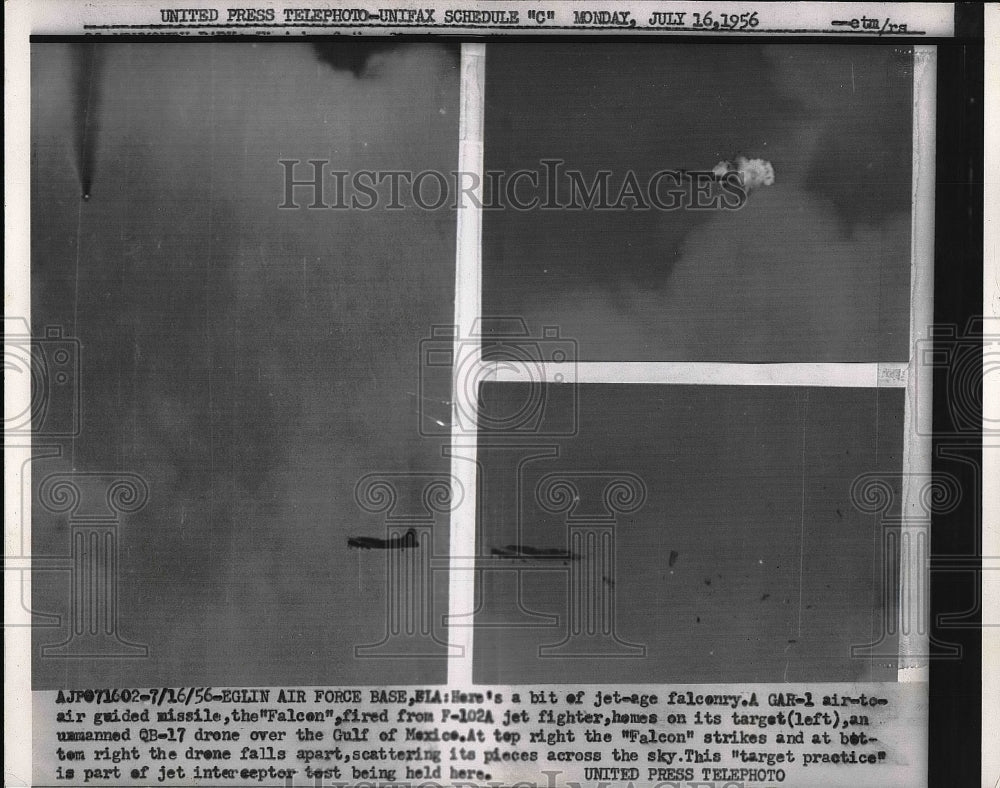 1956 Press Photo GAR-1 air-to-air guided missile, the &quot;Falcon&quot; demonstration - Historic Images
