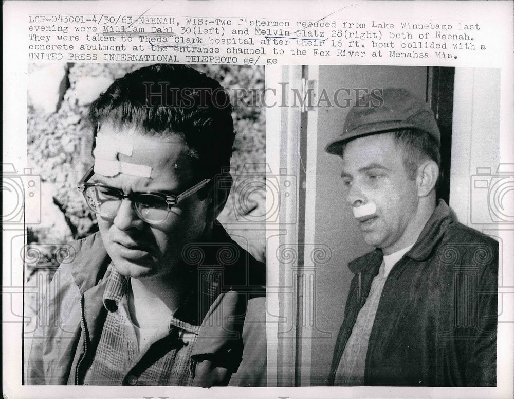 1963 Press Photo Fisherman Resuced from Lake Winnebago William Dahl Melvin Glatz - Historic Images