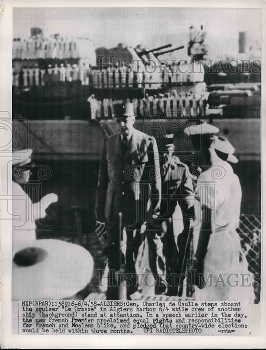 1958 French General Charles De Gualle On Board Cruiser "De Grasse" - Historic Images