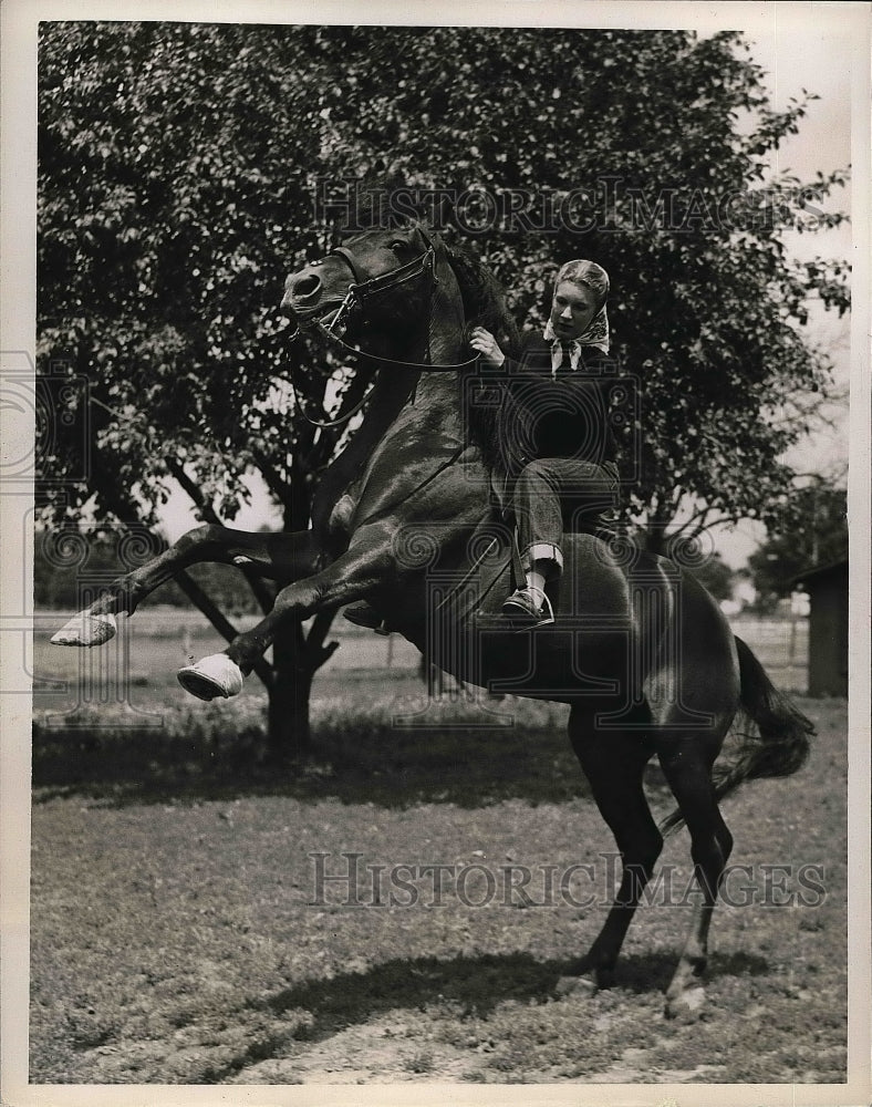 1947 Press Photo Virginia George on a rearing horse - Historic Images