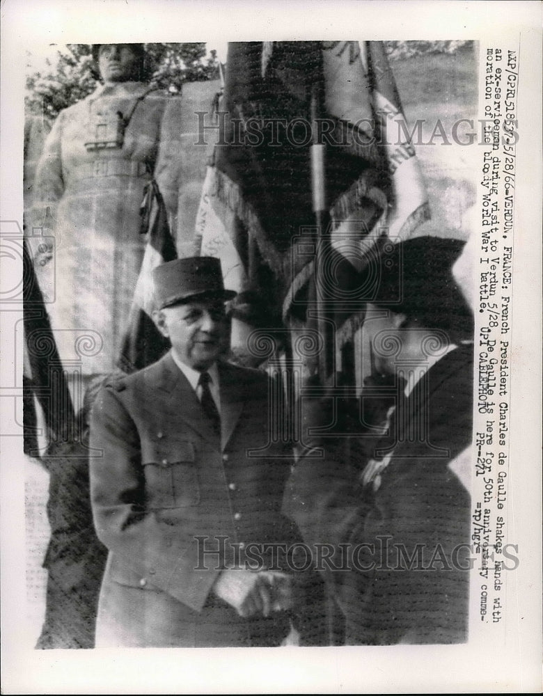 1966 French Pres. Charles de Gaulle shaking hands with ex - Historic Images
