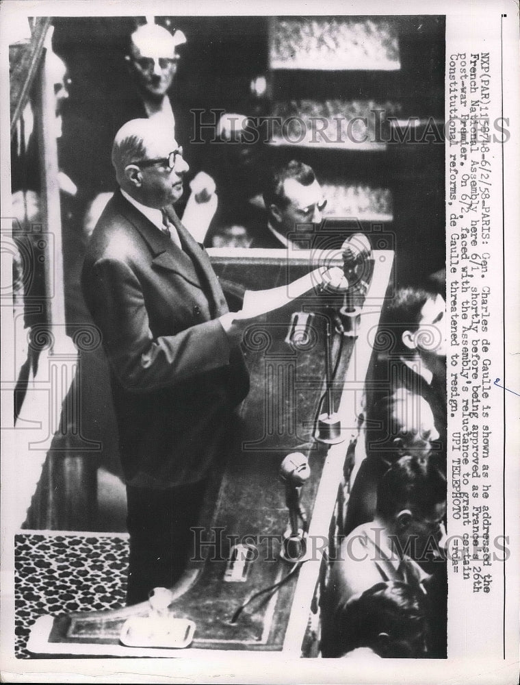 1958 Gen. Charles de Gaulle speaking to French national assembly - Historic Images