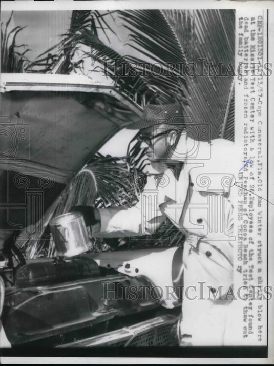 1957 Press Photo Winter Weather Brought Frozen Radiator in Cape Canaveral - Historic Images