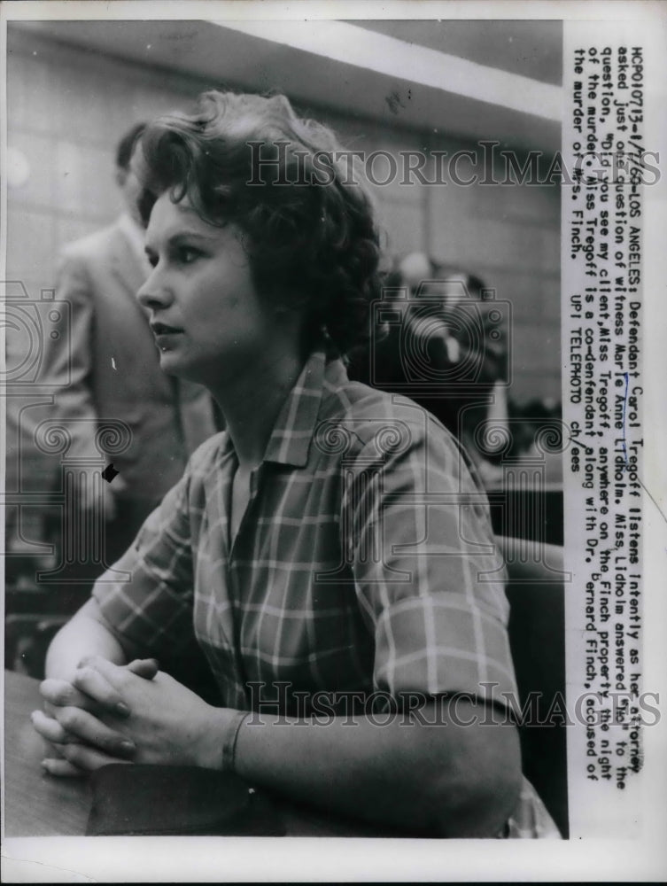 1960 Press Photo Carol Tregoff at Trial, Accused of Murdering Mrs. Finch - Historic Images