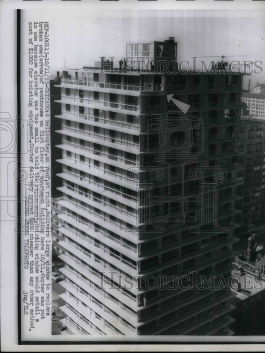 1955 copter delivers window glass to Chicago penthouse  - Historic Images