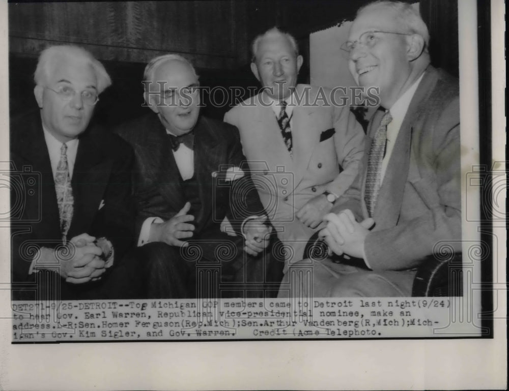 Press Photo Top Michigan Gop Members Earl Warren, Sen Homer Ferguson Arthur - Historic Images