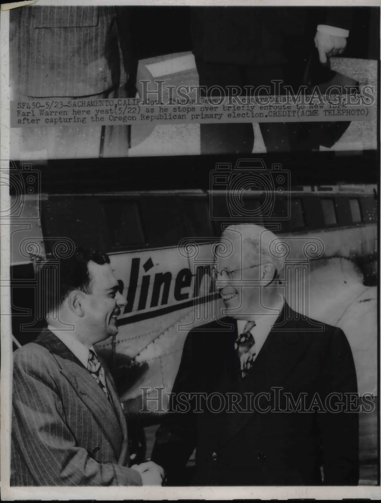 1948 Press Photo Gov Thomas Dewey Congratulated Bt Gov Earl Warren - nea58918 - Historic Images