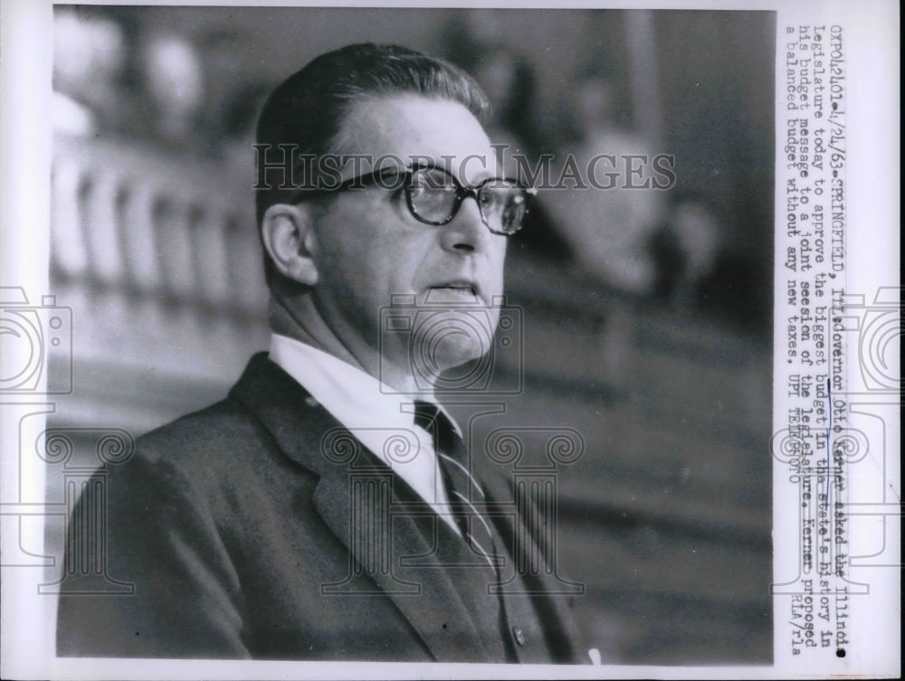 1963 Press Photo IL Gov. Otto Kerner talks budget at legislature - nea59362 - Historic Images