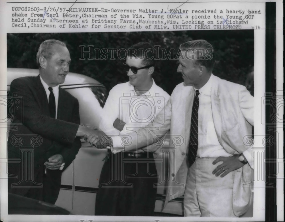 1957 Press Photo GOP men ex-Gov. Walter Kohler, Carl Peter, Richard Cecil - Historic Images