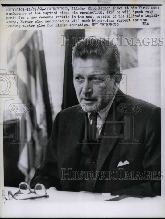 1964 Press Photo Otto Kerner 1st News Conference At Capitol After Re-Election - Historic Images