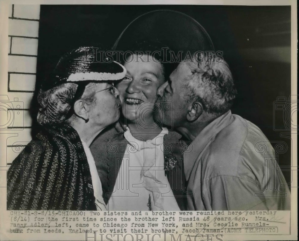 1947 Press Photo Fanny Adler Cecelie Rummels burg Jacob Jaman siblings reunited - Historic Images