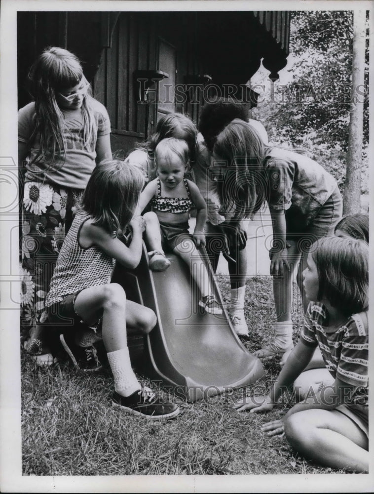 1970 20 month old Kristin Elizabeth Brown with campers  - Historic Images