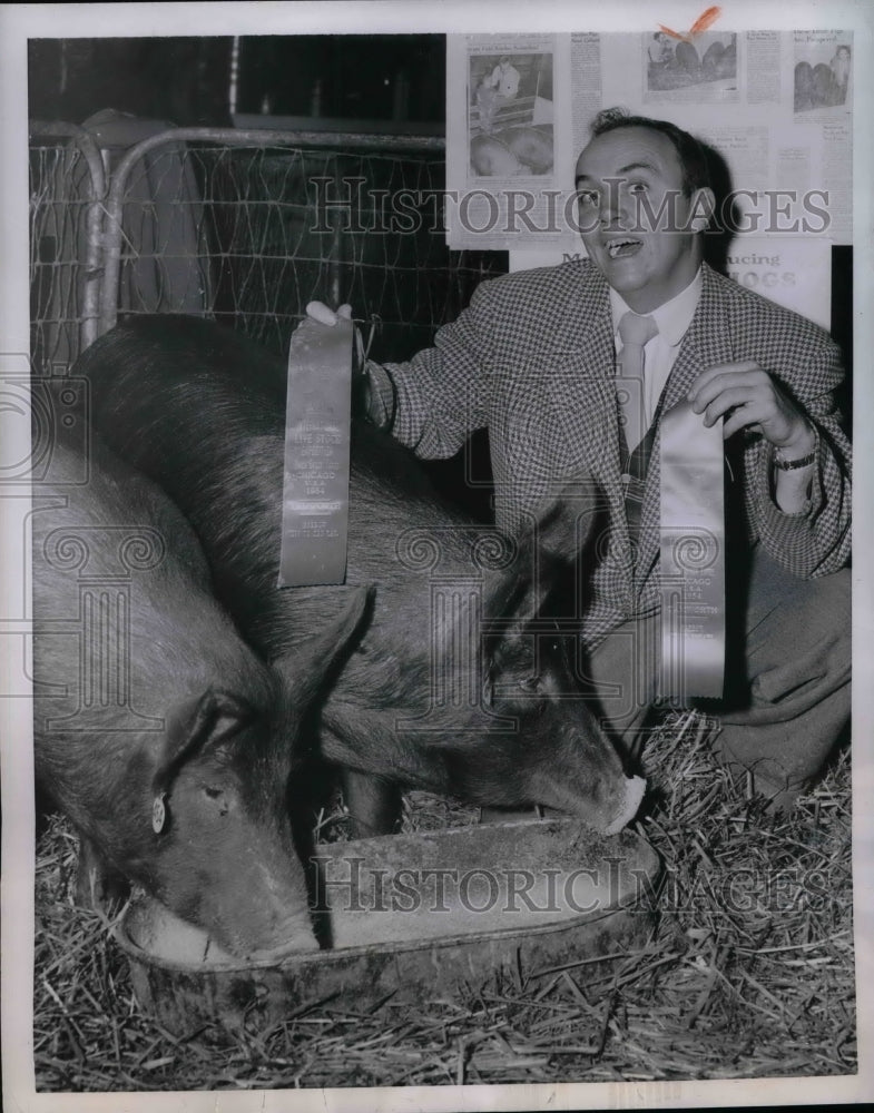 1954 Press Photo Hal White With Hogs At Live Stock Show In Chicago Illinois - Historic Images
