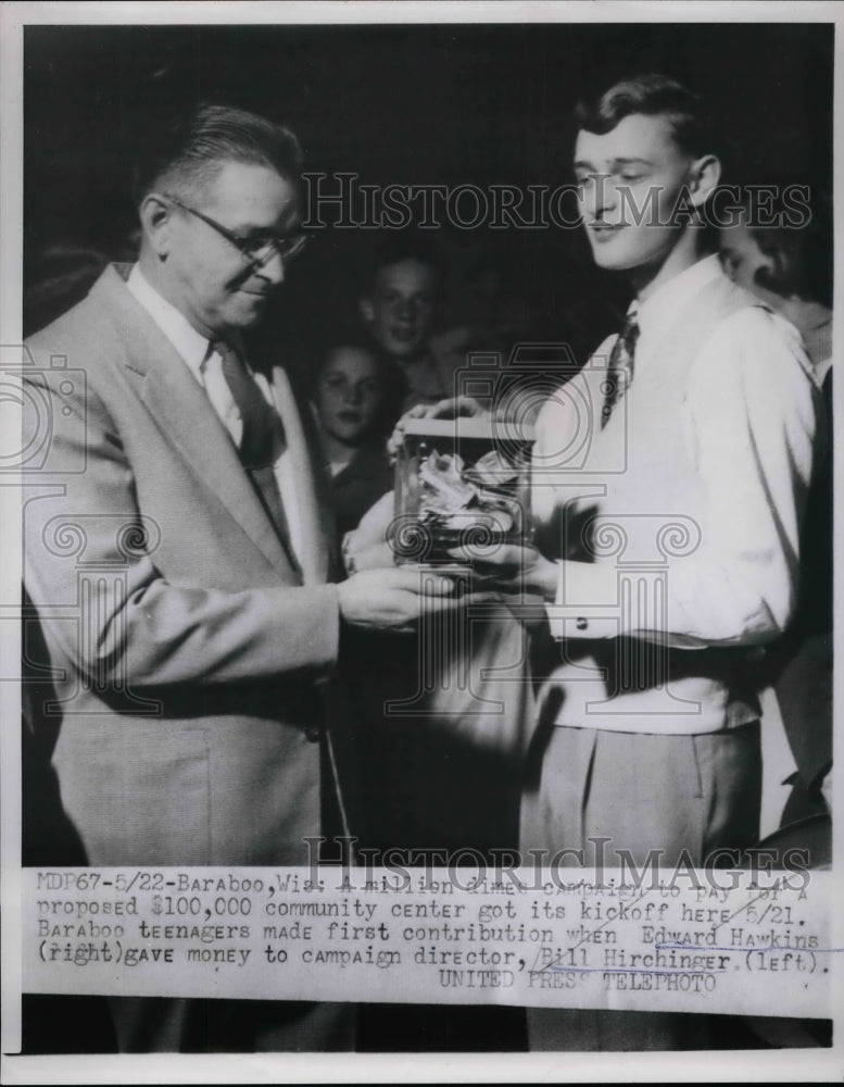 1954 Edward Hawkins Gives Money to Bill Hirchinger For Center - Historic Images