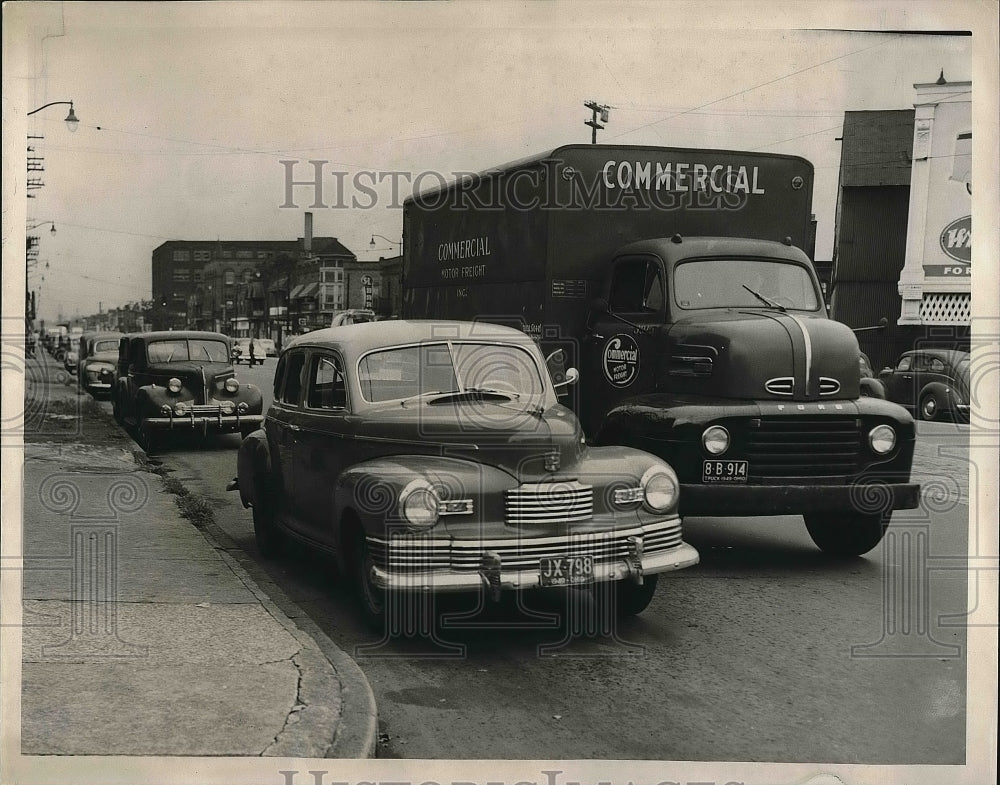 1949 View of Vehicle Parked Double To Make Delivery  - Historic Images