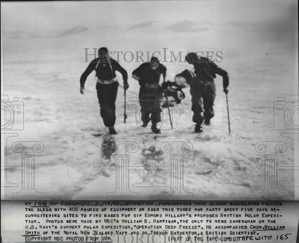 1956 men pulling supplies for Hillary&#39;s Polar Expedition  - Historic Images