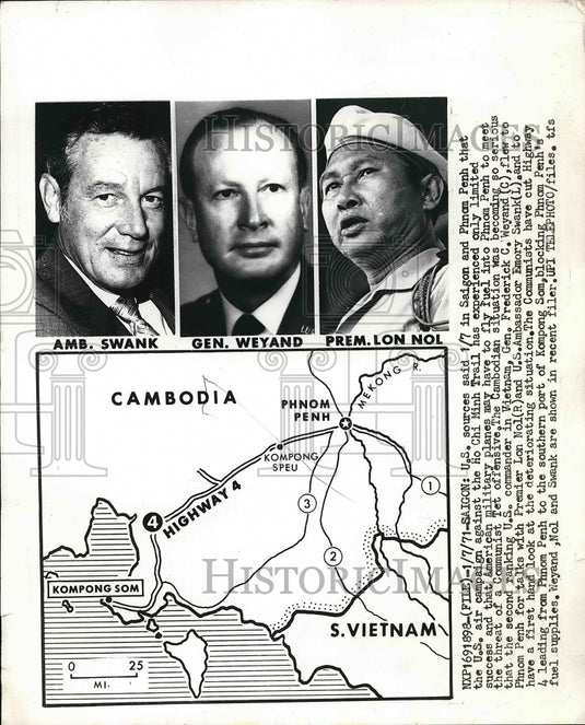 1971 Press Photo Emory Swank, Gen. Frederick Weyand, Premier Lon Nol - Historic Images