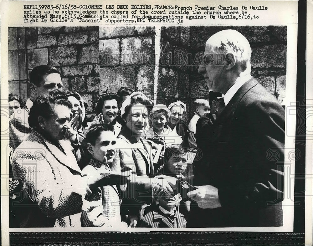 1958 French Premier Charles de Gaulle Outside Church He Attended - Historic Images