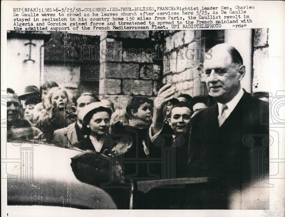 1958 Gen. Charles de Gaulle Waves at Crowd as He Leaves Church - Historic Images