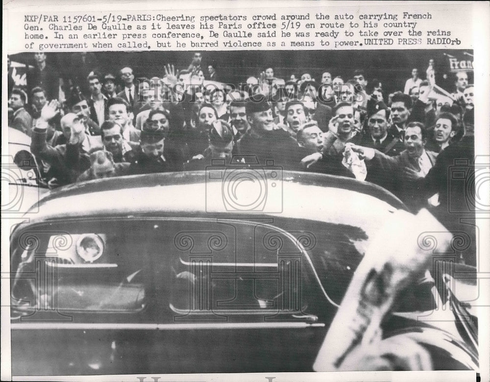 1958 Spectators Cheer as French Pres. Charles de Gaulle Leaves Paris - Historic Images