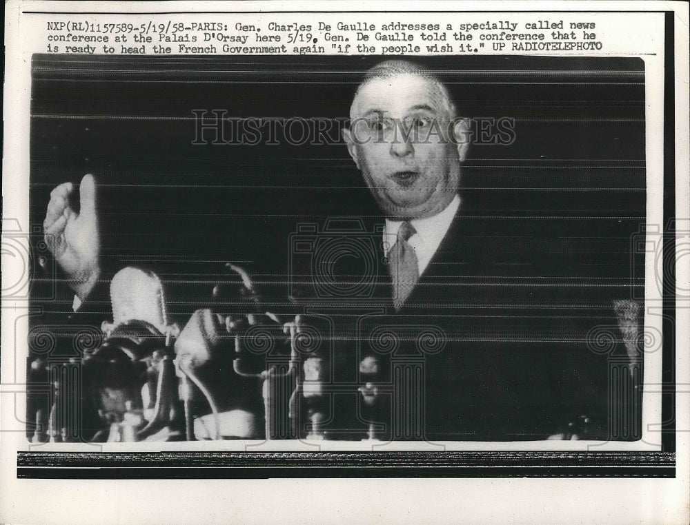 1958 Press Photo Gen. Charles De Gaulle, News Conference at Palais D'Orsay - Historic Images