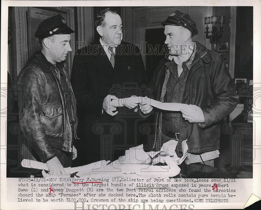 1951 Press Photo Harry Durning, Collector, Examines Drugs Found On "Fernsea" - Historic Images