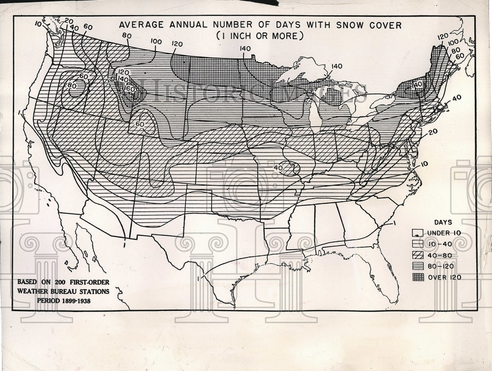 1948 map of U.S. shows avg. number of snow days  - Historic Images