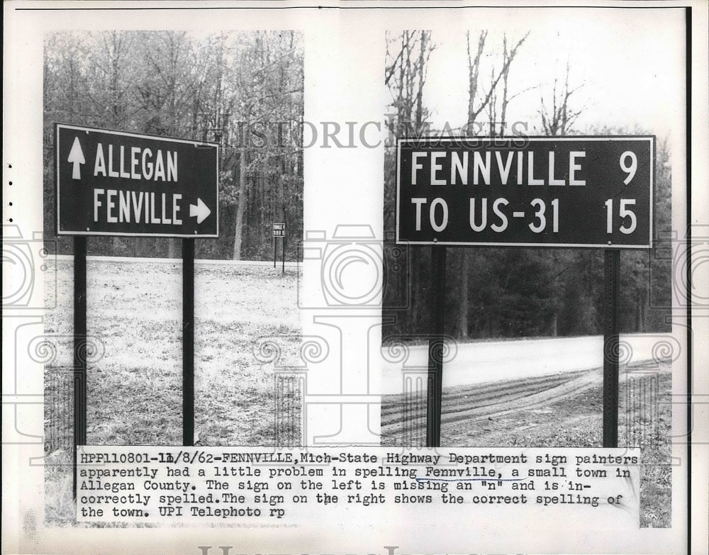 1962 Misspelled Town Name on Michigan Road Sign  - Historic Images