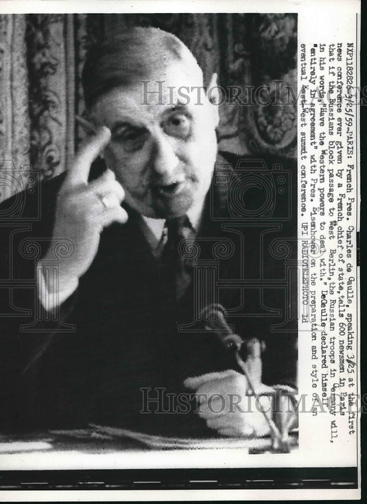 1959 French. Pres. Charles de Gaulle in press conference  - Historic Images