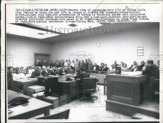 1958 Press Photo Elaine Soul's Trial for Killing Roommate Catherine Elvins - Historic Images