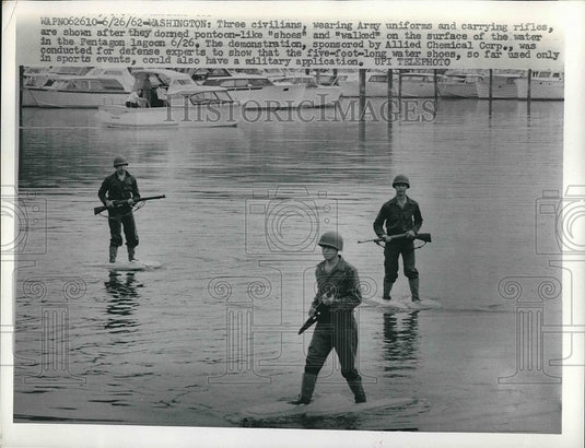 1962 Press Photo Civilians Wear Army Uniforms and "Shoes" for Allied Chemical - Historic Images