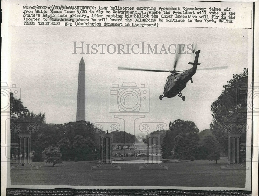 1958 Press Photo Helicopter Carrying Pres. Eisenhower to Vote in Gettysburg, PA - Historic Images
