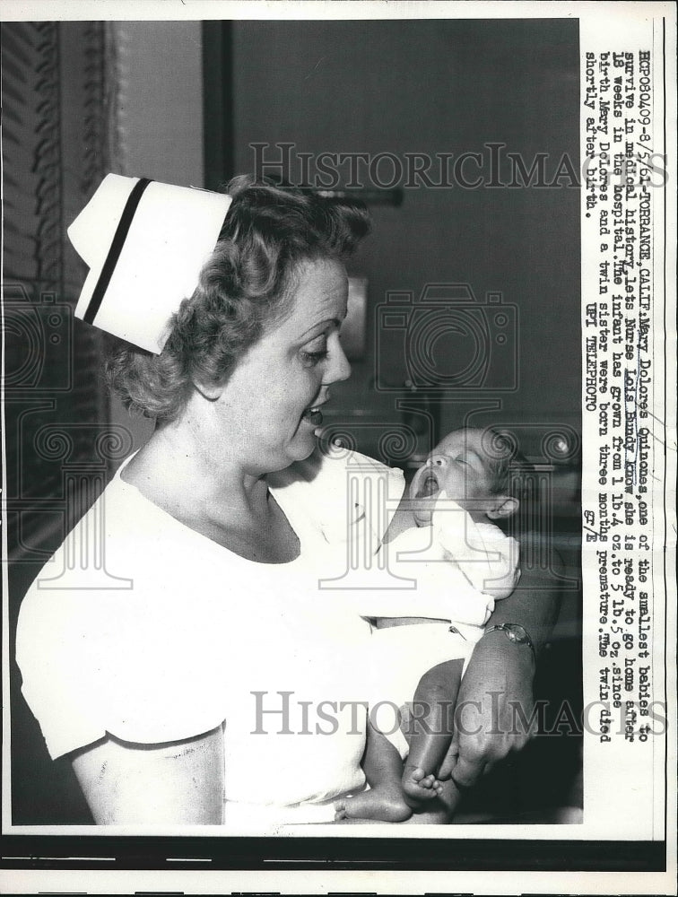 1961 Press Photo Mary Dolores Quinones Smallest Baby &amp; Nurse Lois Bundy - Historic Images