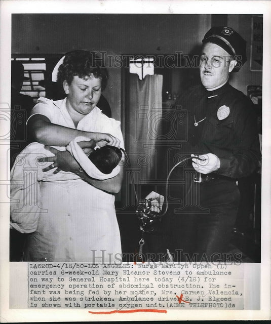 1950 Press Photo Nurse Marilyn Oppen with 6 week old Mary Eleanor before surgery - Historic Images