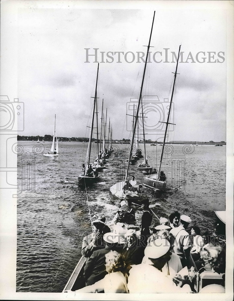 1958 Press Photo flotilla of becalmed sailboats towed to regatta, Kiel, Germany - Historic Images