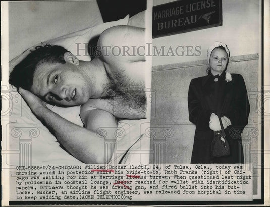1949 Press Photo William Bucher In Hospital While Fiance Waits For Him - Historic Images