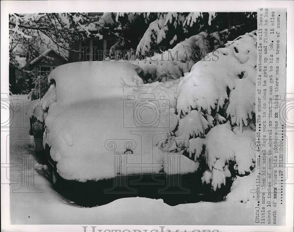 1953 Press Photo Vehicle covered in snow after snowstorm - nea63289 - Historic Images