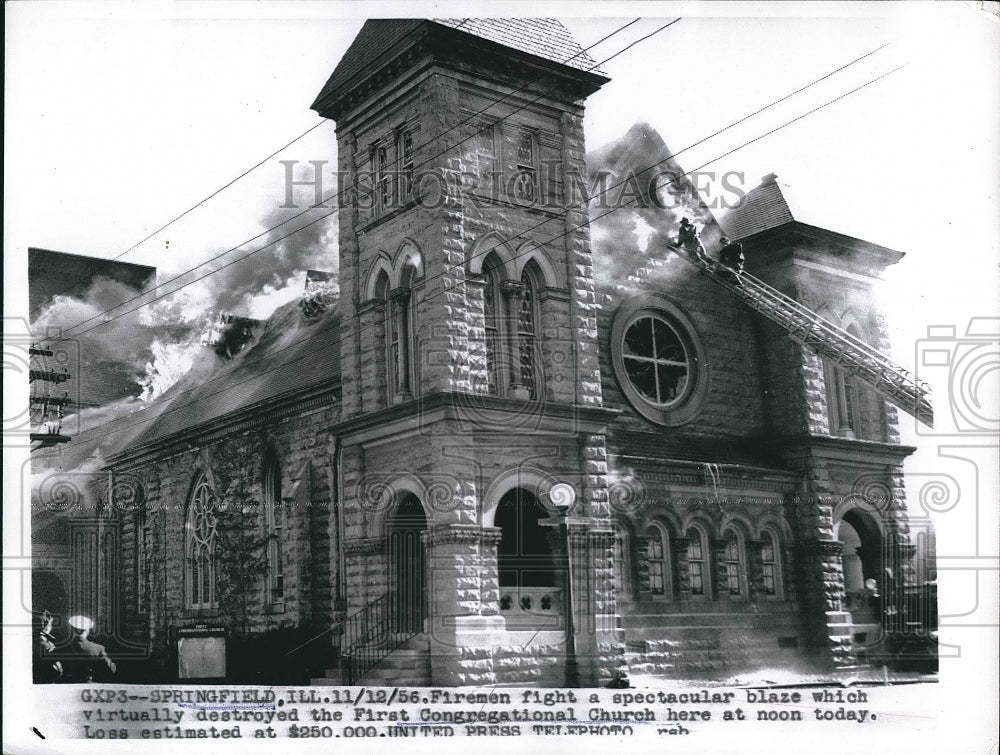 1956 Press Photo Firefighters fighting fire in a church - nea63297 - Historic Images