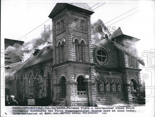 1956 Press Photo Firefighters fighting fire in a church - nea63297 - Historic Images