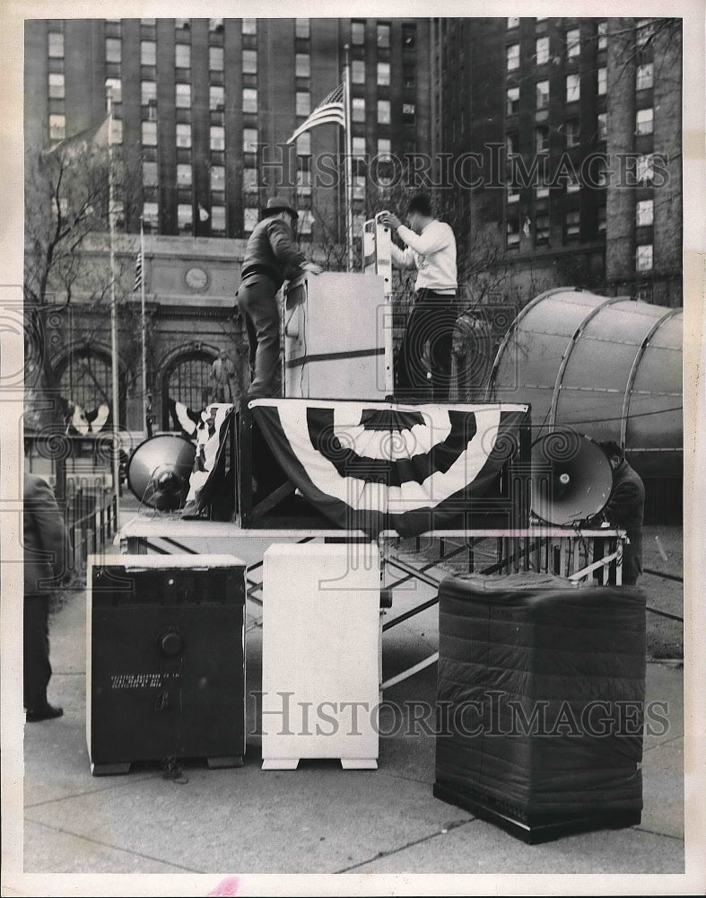 1960 Press Photo View Of Workers Setting Up Podium &amp; Stage Outside - nea63760-Historic Images