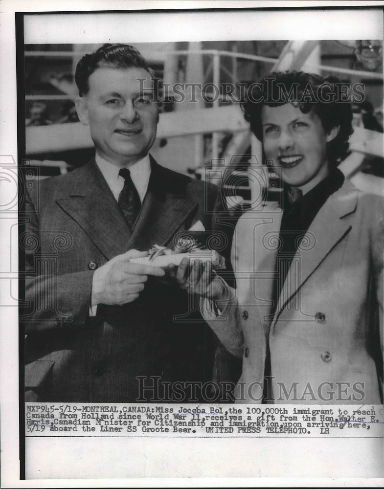1956 Press Photo Miss Jocoba Bol with Canadian Minister Walter Harris - Historic Images