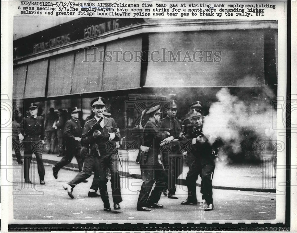 1959 Policemen Shoot Tear Gas at Striking Bank Employees in Meeting - Historic Images